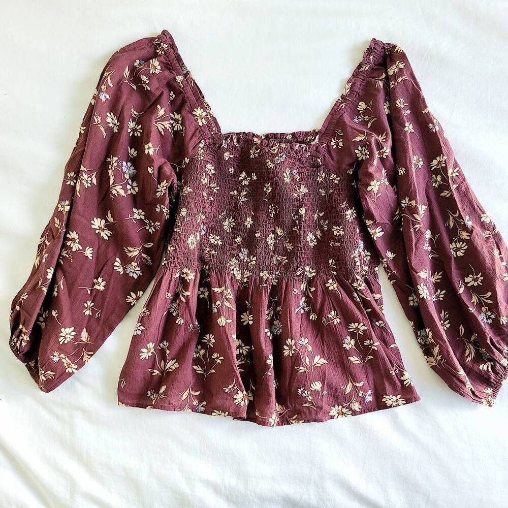 Madewell Blouse Top Womens 14 Brown Floral Long Sleeve Square Neck Casual Wear - Picture 4 of 10